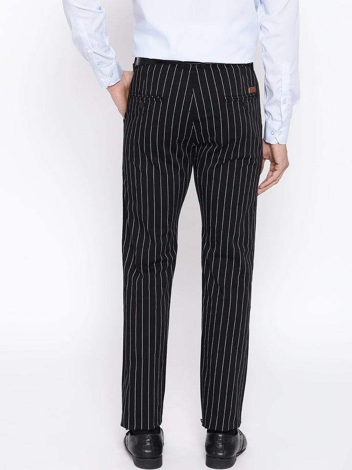 Men Black Striped Cotton Stretch Slim Fit Formal Trouser