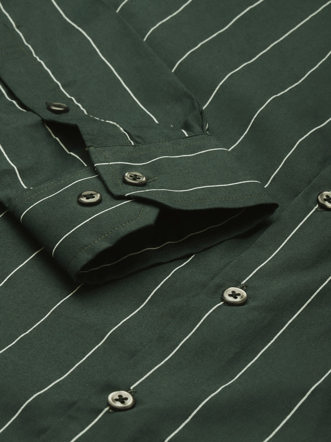 Men Bottle Green Stripes Pure Cotton Slim Fit Formal Shirt