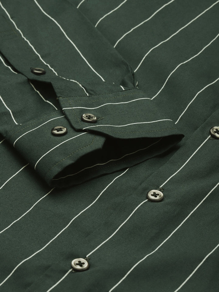 Men Bottle Green Stripes Pure Cotton Slim Fit Formal Shirt