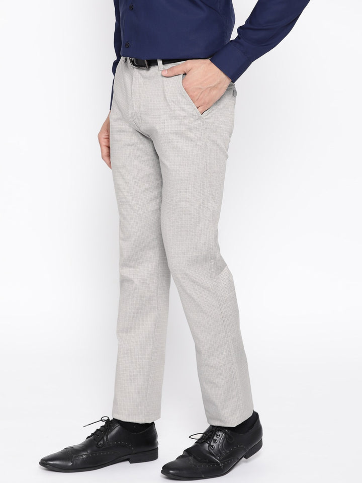 Men Light Grey Checked Cotton Stretch Slim Fit Formal Trouser
