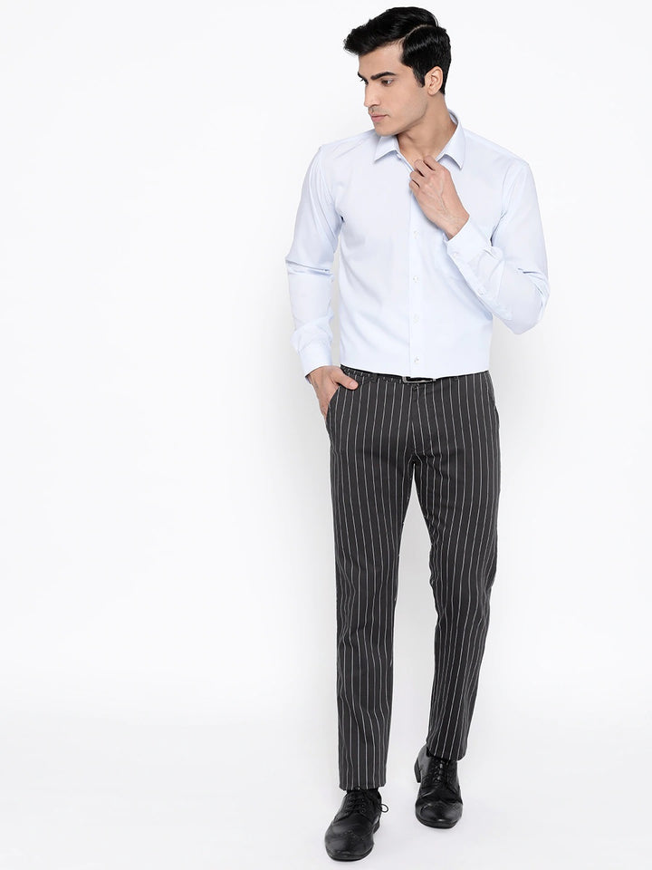 Men Dark Grey Striped Cotton Stretch Slim Fit Formal Trouser