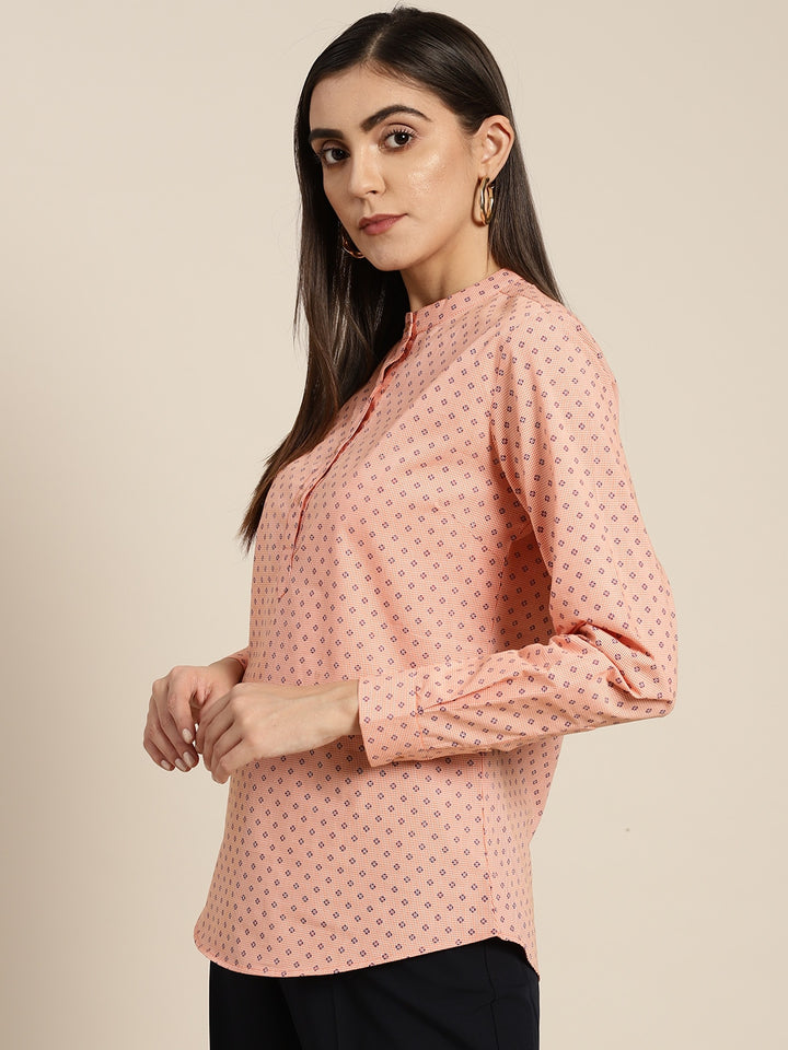 Women Orange Checked Pure Cotton Slim Fit Formal Top