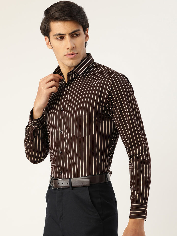 Men Brown Stripes Pure Cotton Slim Fit Formal Shirt