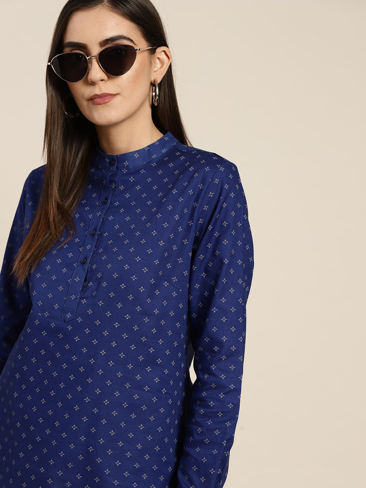 Women Blue Printed Pure Cotton Slim Fit Formal Top