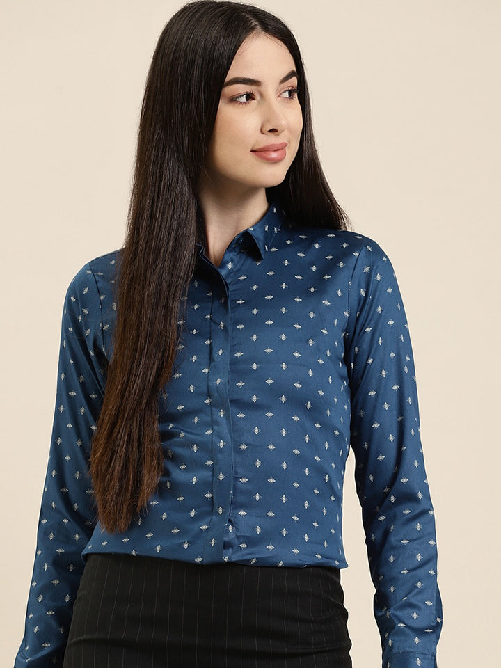Women Blue Printed Cotton Slim Fit Formal Shirt
