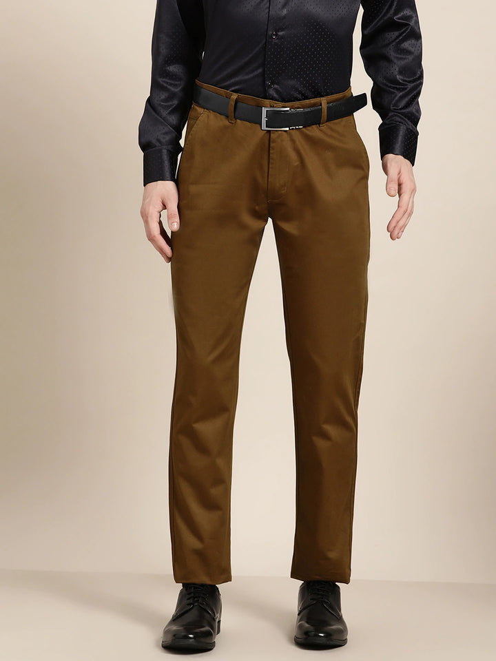 Men Brown Solids Pure Cotton Slim Fit Formal Trouser