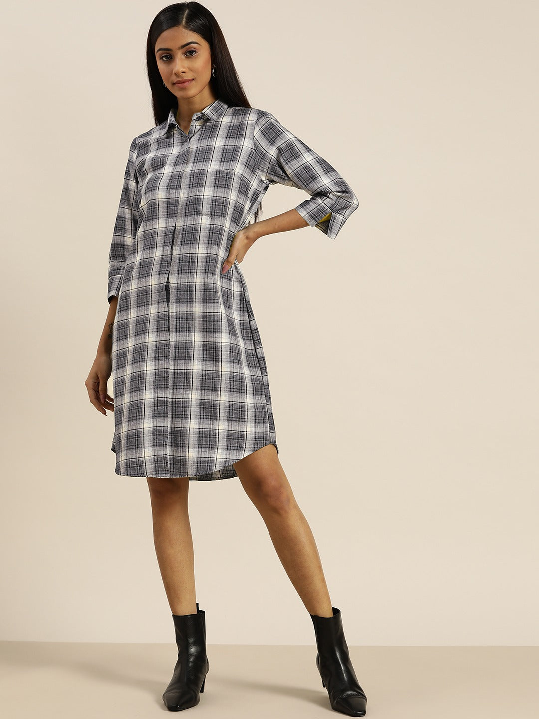 Women Grey Checks Pure Cotton Regular Fit Formal Dress