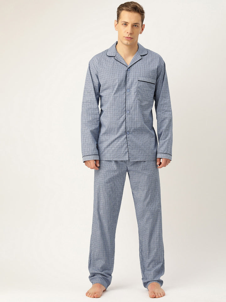 Men Blue Checks Pure Cotton Regular Fit Night Wear Night Suit