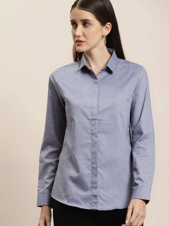 Women Navy Solid Chambray Cotton Rich Slim Fit Formal Shirt