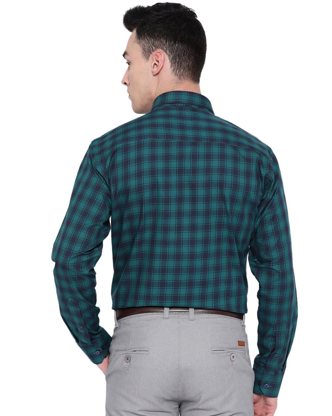 Men Green & Navy Cotton Checked Slim Fit Formal Shirt