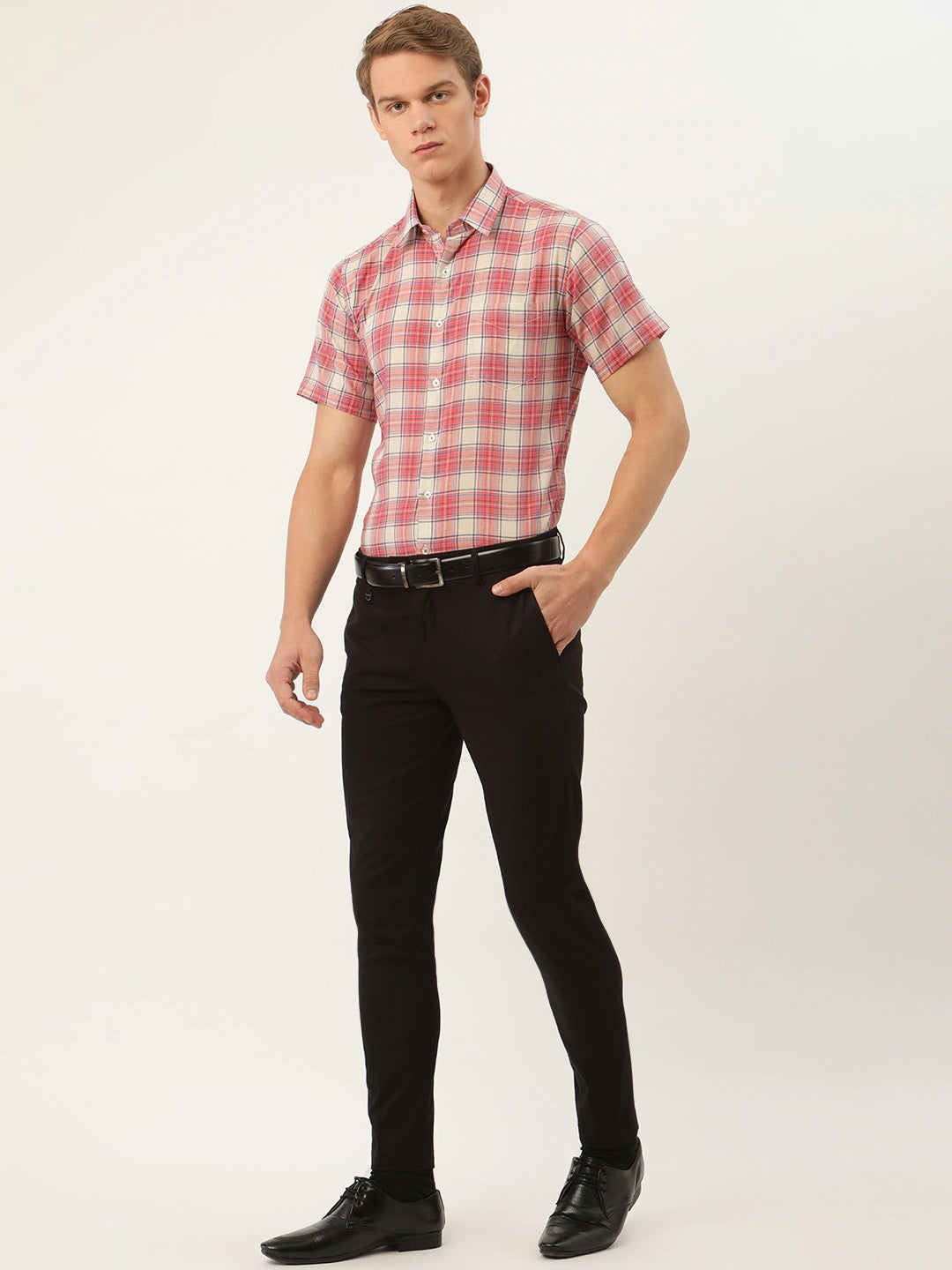 Men Beige & Red Stripes Pure Cotton Slim Fit Formal Shirt