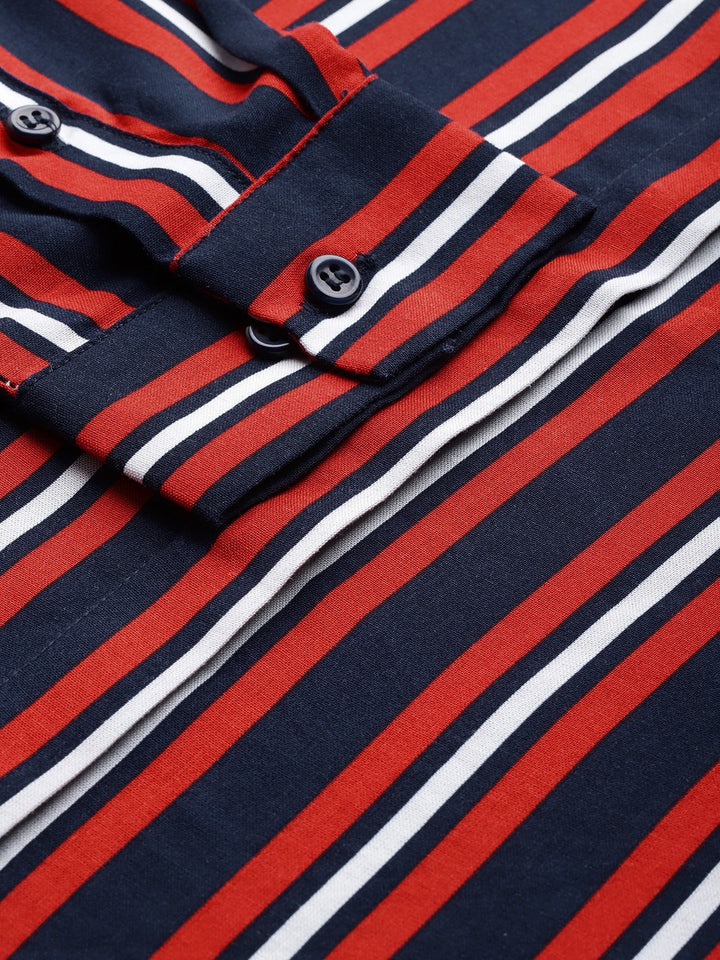 Women Navy Stripes Viscose Rayon Slim Fit Formal Shirt