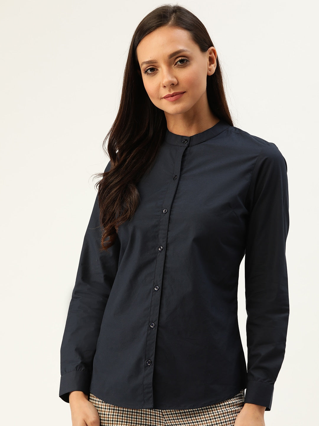 Women Navy Solids Pure Cotton Slim Fit Formal Shirt