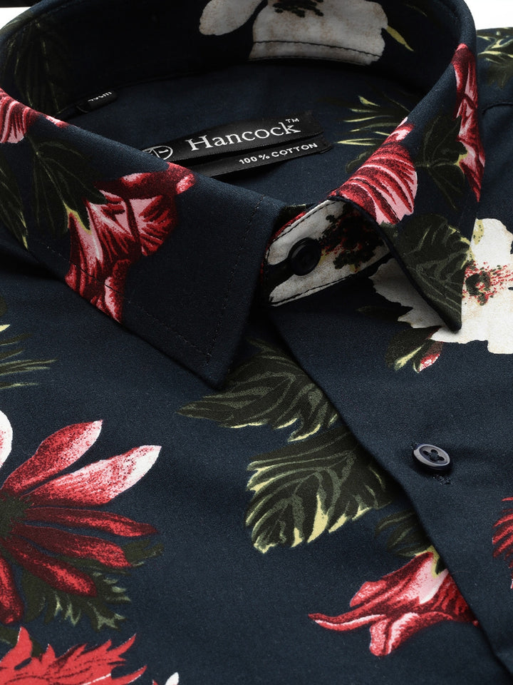 Men Navy & Red Prints Pure Cotton Slim Fit Formal Shirt