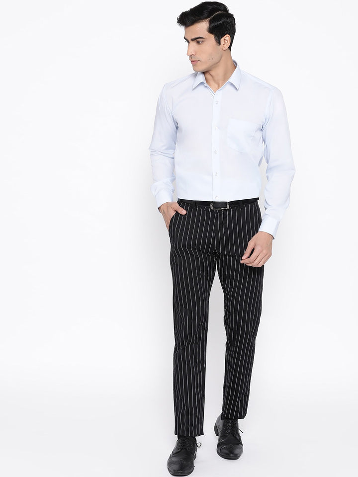 Men Black Striped Cotton Stretch Slim Fit Formal Trouser