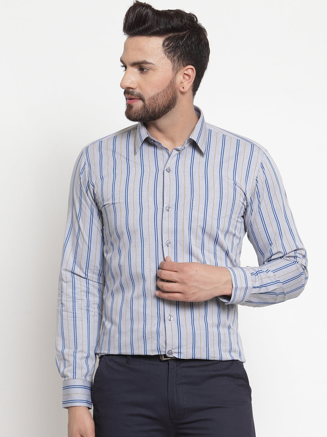 Men Grey Pure Cotton Striped Slim Fit Formal Shirt
