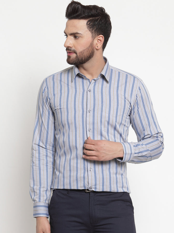 Men Grey Pure Cotton Striped Slim Fit Formal Shirt