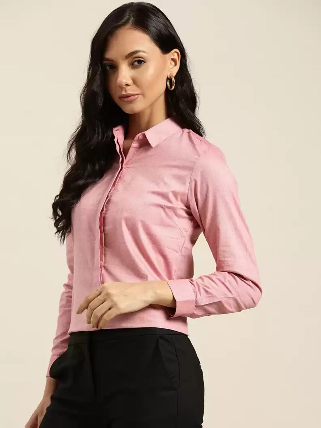 Women Pink Solid Chambray Cotton Rich Slim Fit Formal Shirt