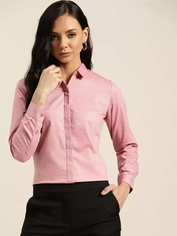 Women Pink Solid Chambray Cotton Rich Slim Fit Formal Shirt